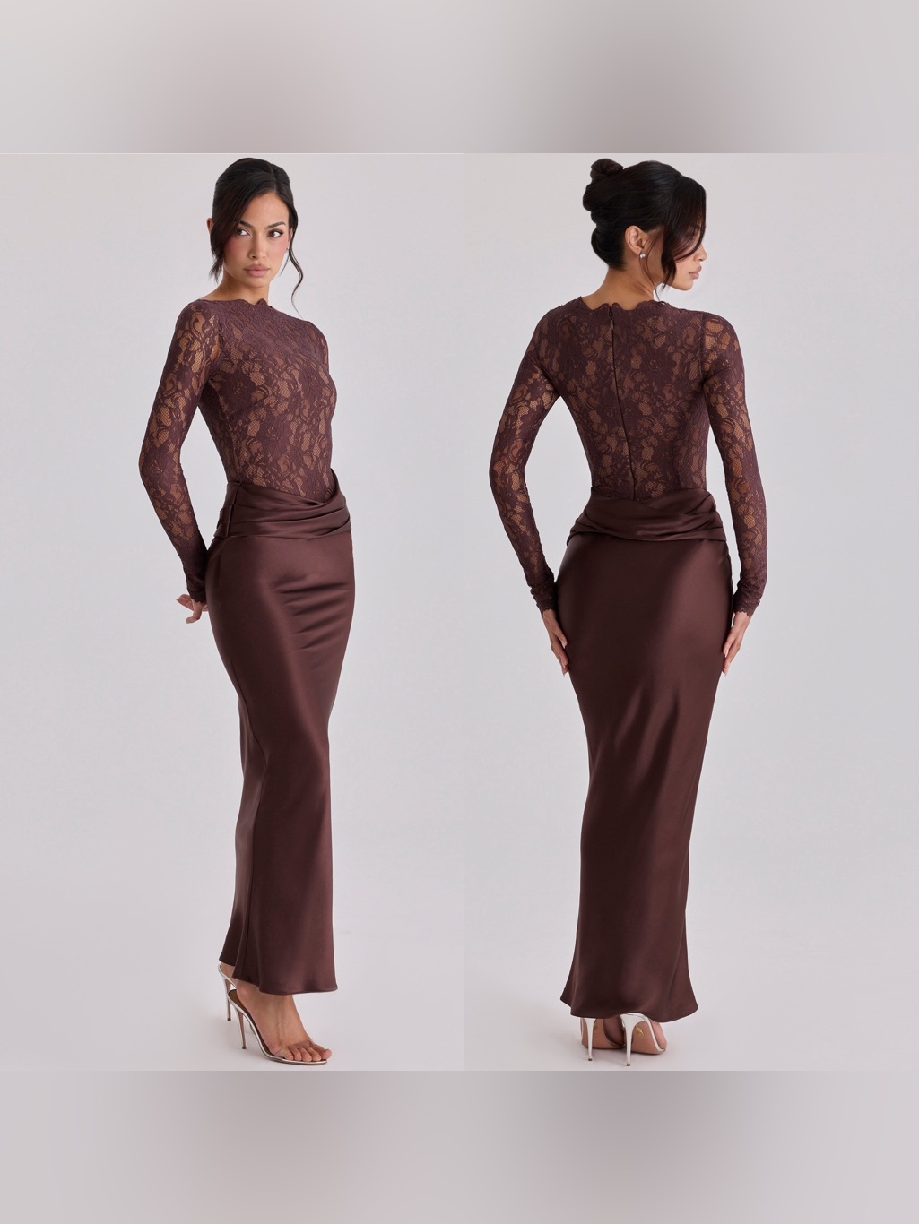 House Of Cb Yasmeen Espresso Brown Lace + Satin Draped Maxi Dress Size L Nwot